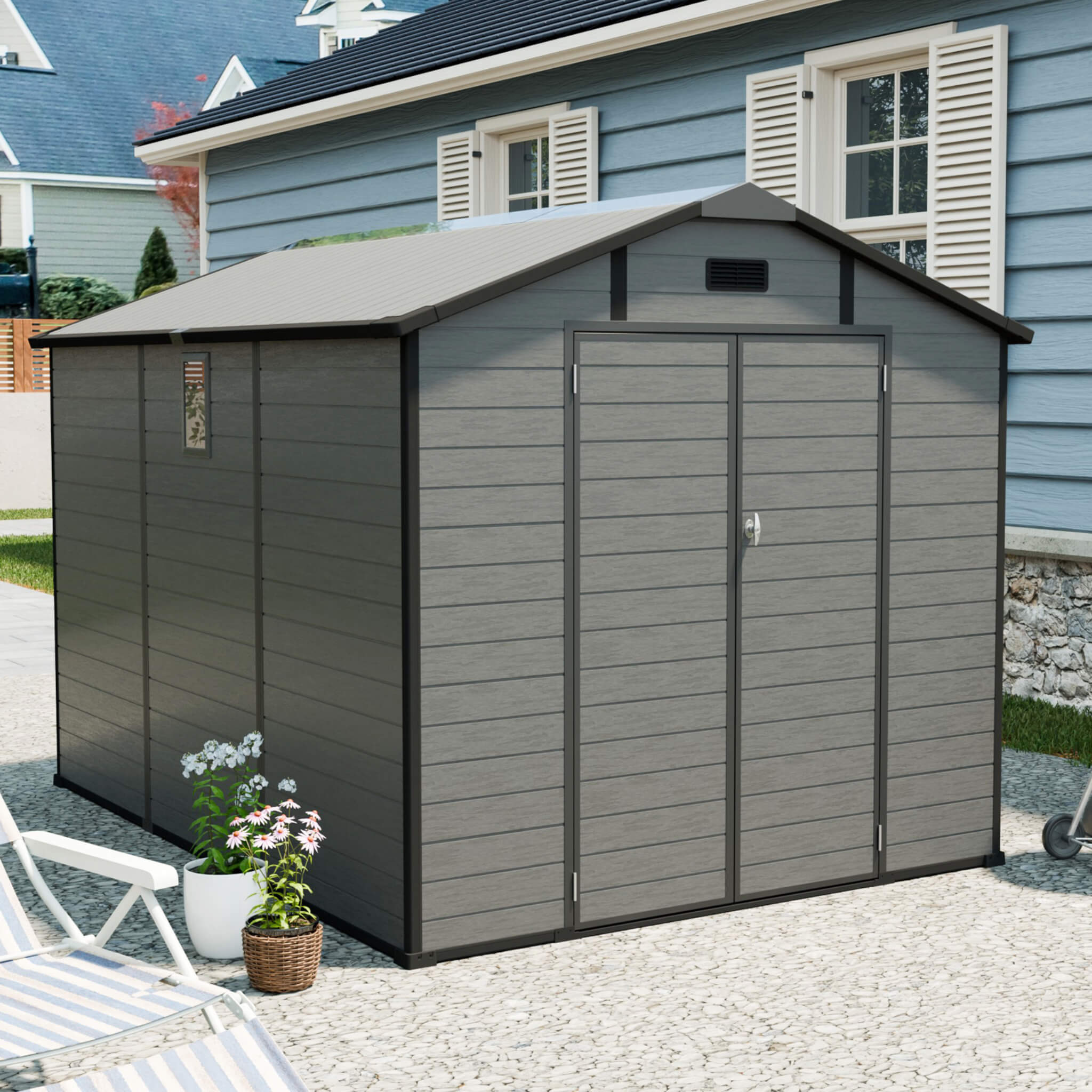 Alora Large Plastic Lockable Resin Outdoor Storage Shed With Window And Floor (SAK25870)