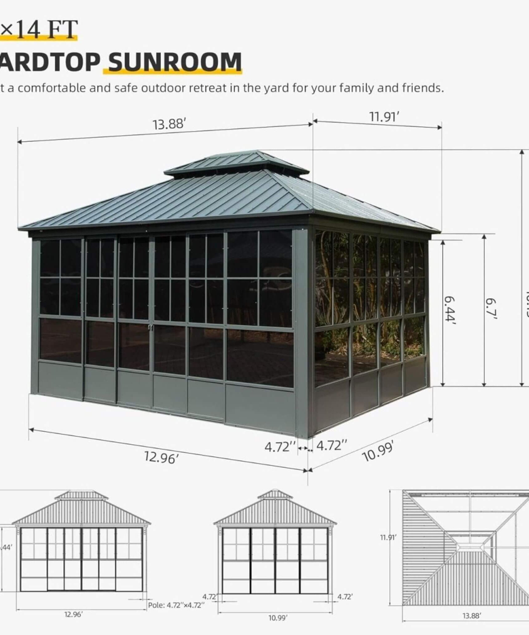 [12X14FT] Alora Veranda Large Heavy-Duty All-Season Steel Top Aluminum Double Roof Backyard Sunroom (SAK97284)