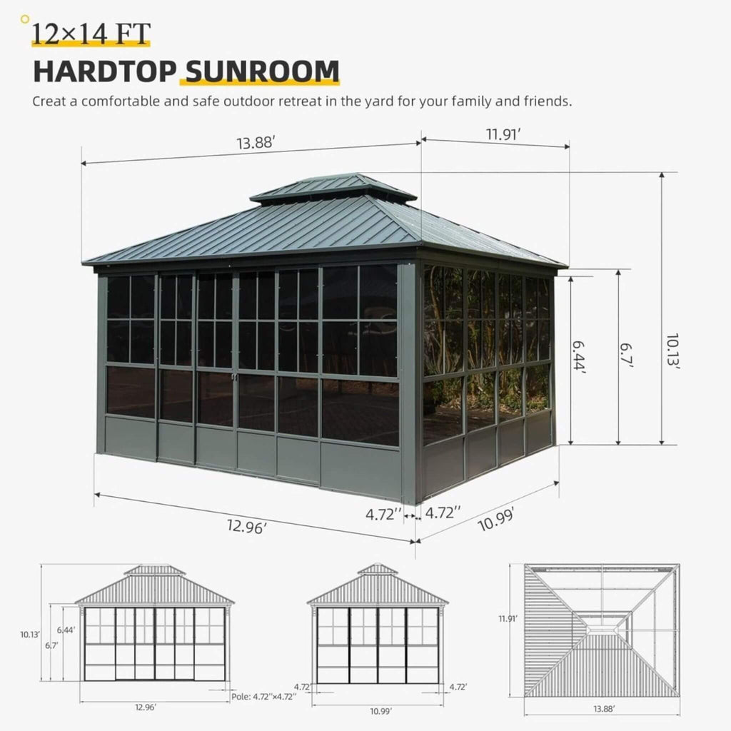 [12X14FT] Alora Veranda Large Heavy-Duty All-Season Steel Top Aluminum Double Roof Backyard Sunroom (SAK97284)