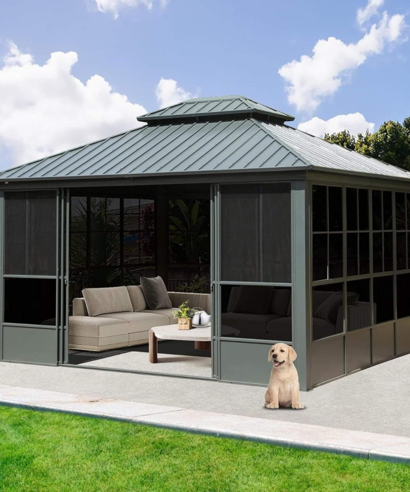 [12X14FT] Alora Veranda Large Heavy-Duty All-Season Steel Top Aluminum Double Roof Backyard Sunroom (SAK97284)