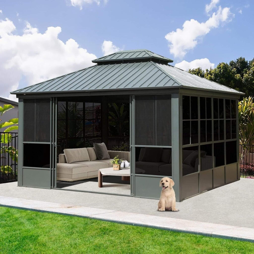[12X14FT] Alora Veranda Large Heavy-Duty All-Season Steel Top Aluminum Double Roof Backyard Sunroom (SAK97284)
