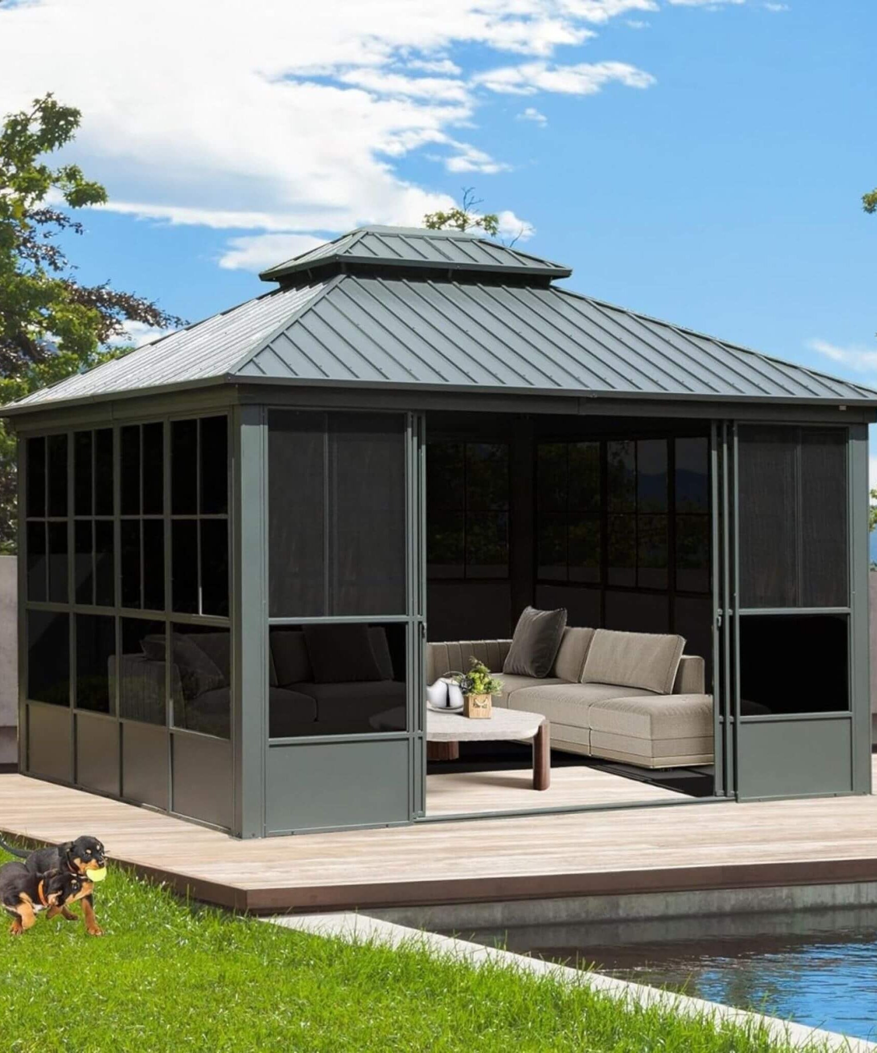 [12X14FT] Alora Veranda Large Heavy-Duty All-Season Steel Top Aluminum Double Roof Backyard Sunroom (SAK97284)