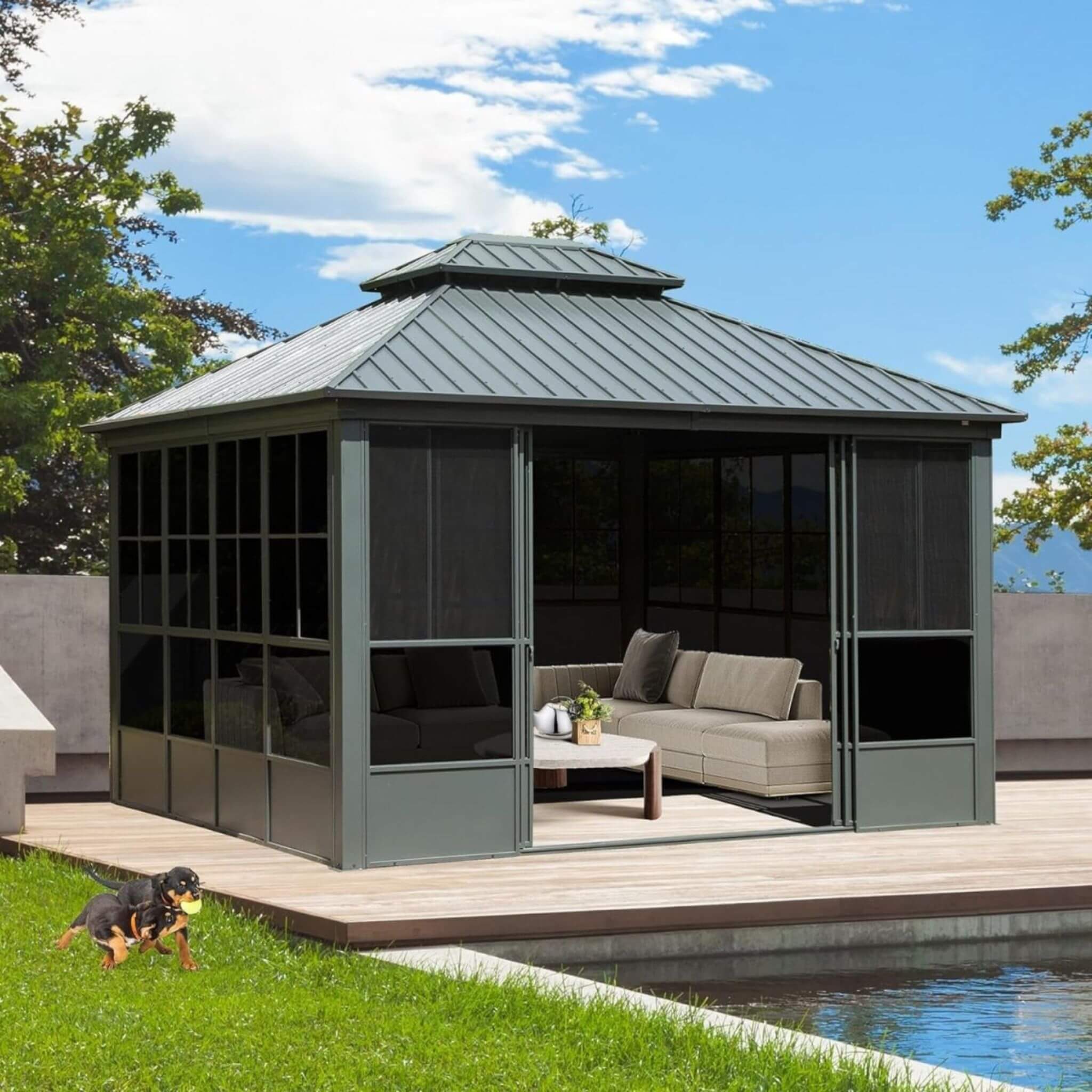 [12X14FT] Alora Veranda Large Heavy-Duty All-Season Steel Top Aluminum Double Roof Backyard Sunroom (SAK97284)