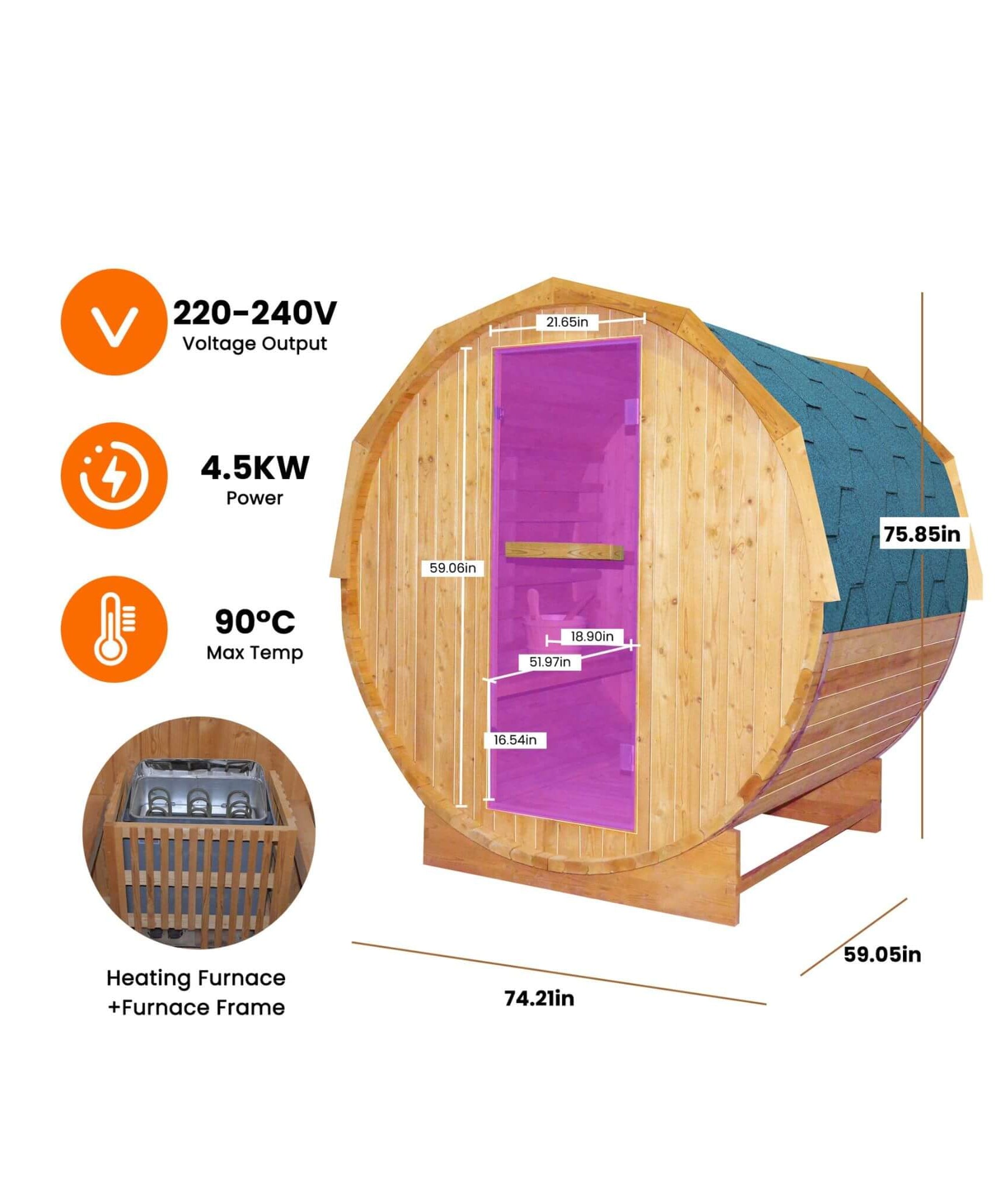 Thermora Ignite Large Premium American White Oak Outdoor Wooden Barrel Sauna With 4.5KW Sauna Heater (SAK45968)