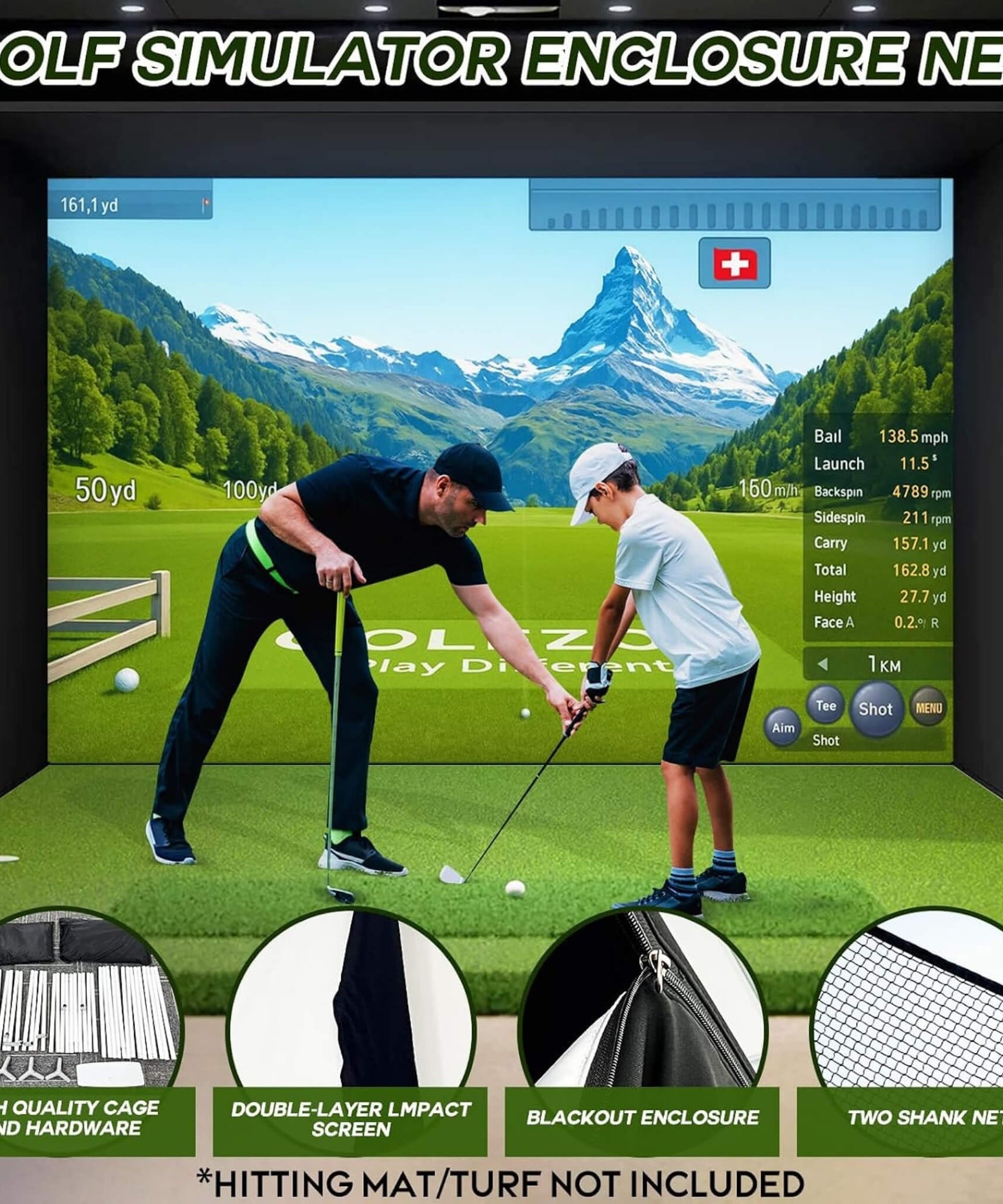 Large Premium Indoor Golf Simulator Enclosure Net With Frame And HD Screen Kit [ENCLOSURE ONLY] (SAK34172)