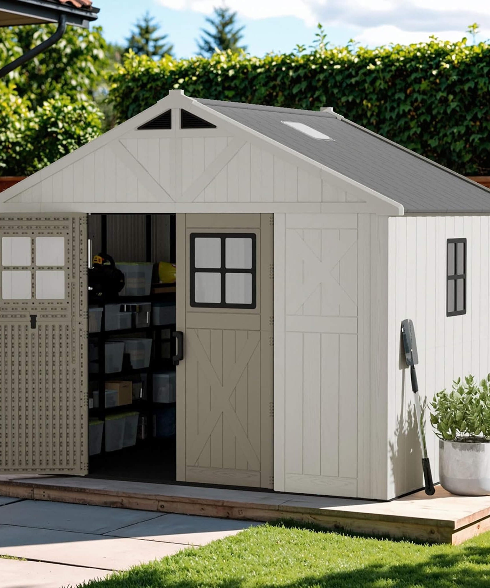 Alora Large Resin Outdoor Storage Shed With Floor, Windows, And Lockable Door (SAK98421)