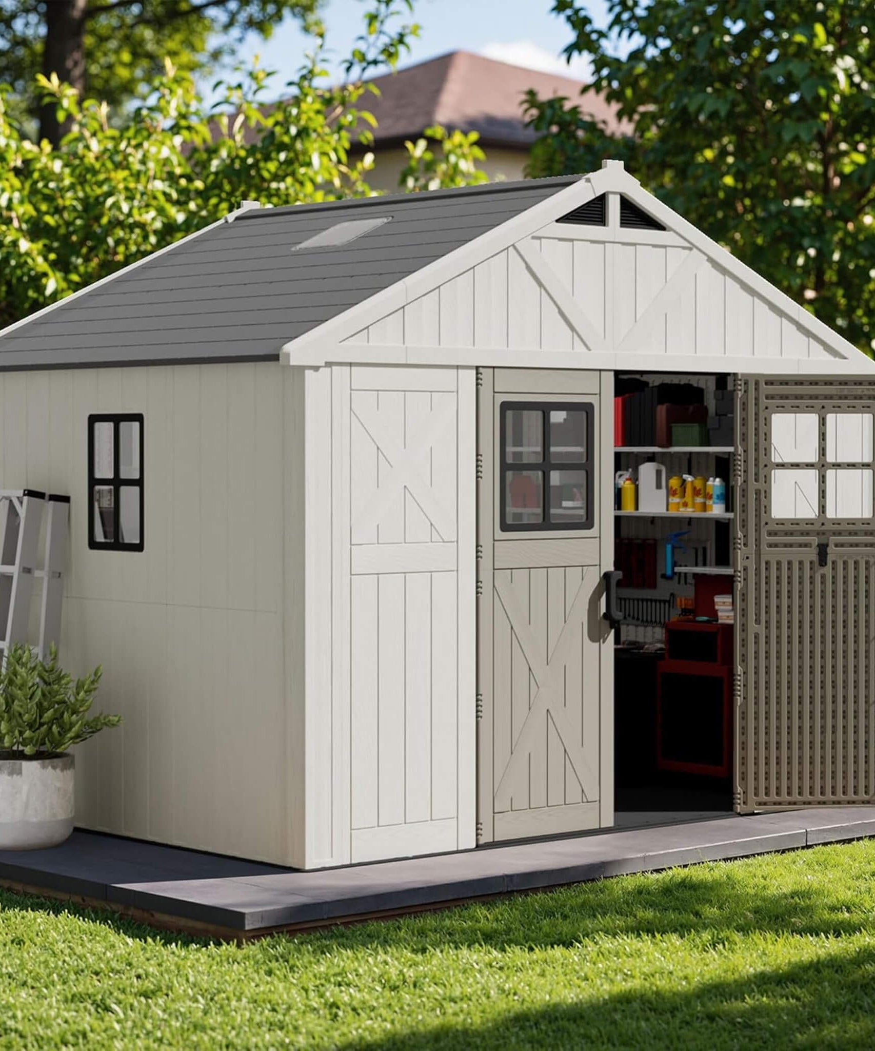 Alora Large Resin Outdoor Storage Shed With Floor, Windows, And Lockable Door (SAK98421)