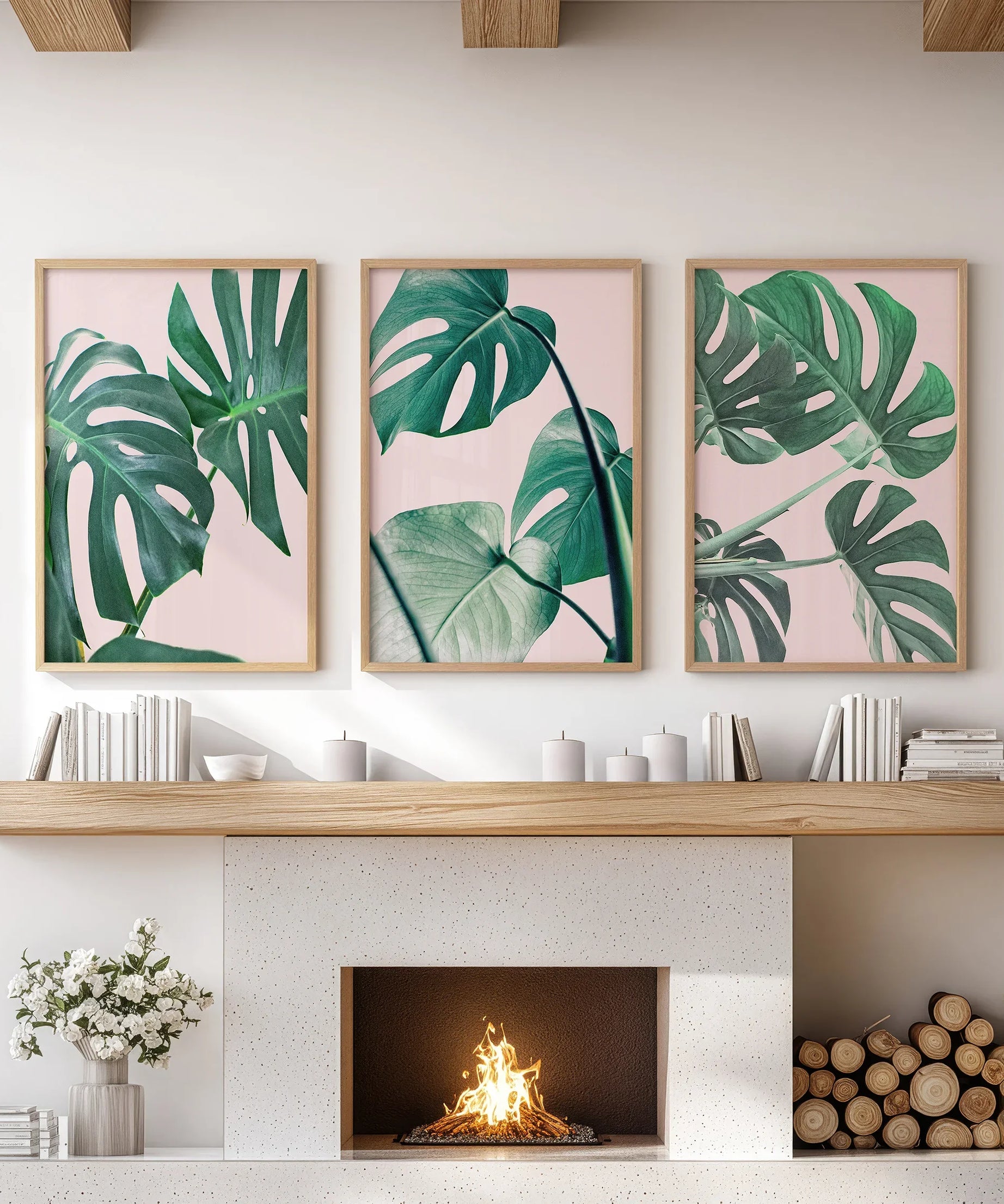 Pink Botanical 3 Piece Wall Art. Green Monstera Leaves Print