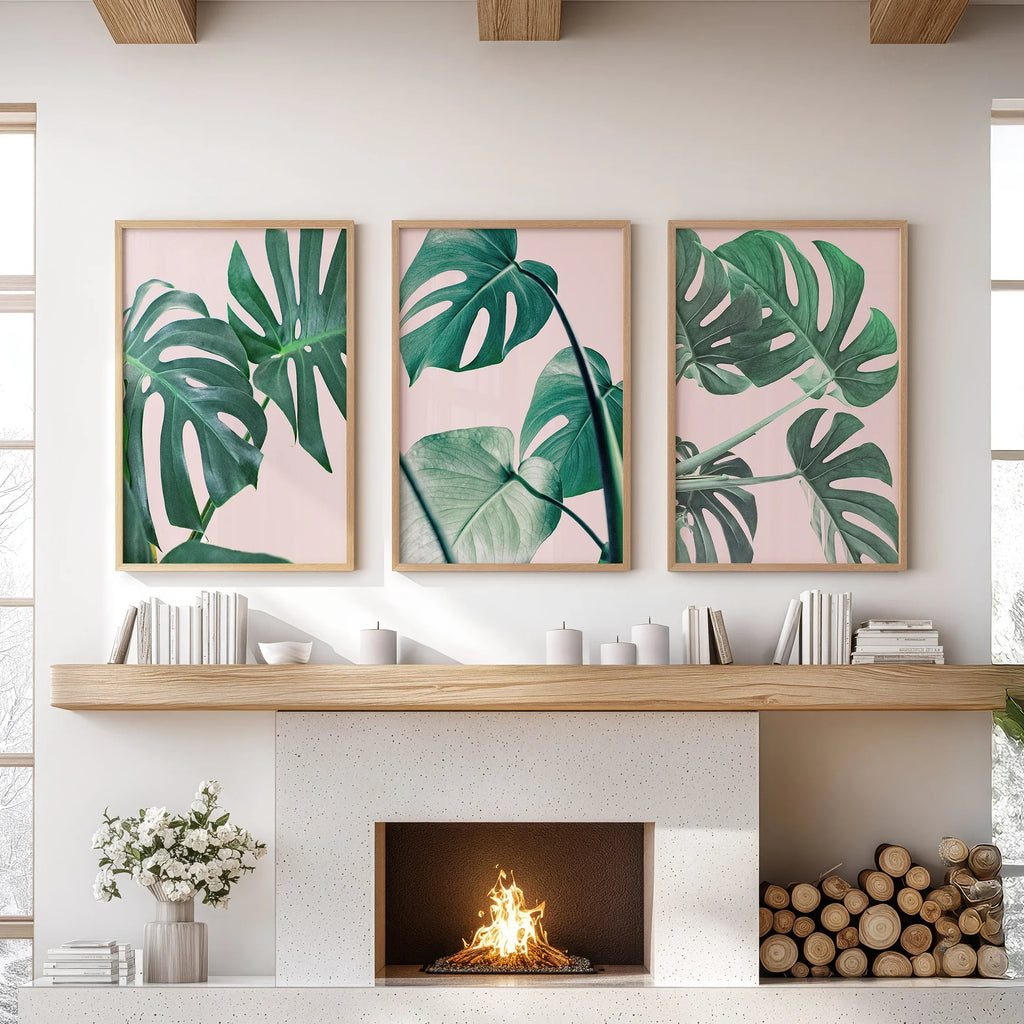 Pink Botanical 3 Piece Wall Art. Green Monstera Leaves Print