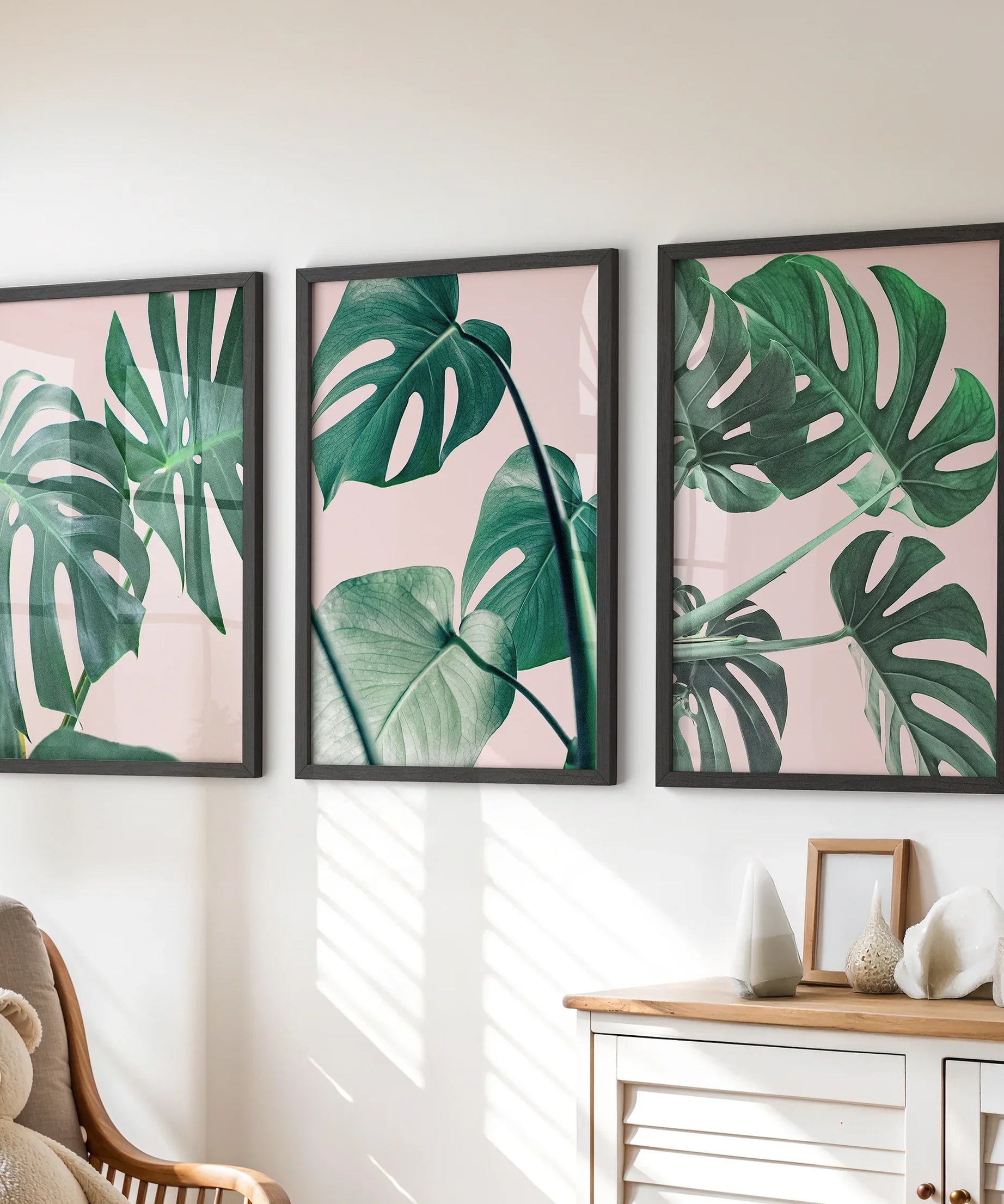 Pink Botanical 3 Piece Wall Art. Green Monstera Leaves Print