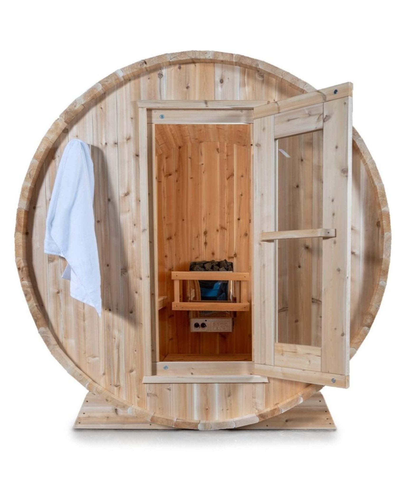 Dundalk Leisurecraft 84-Inch 4-Person Canadian Timber Harmony Barrel Sauna With Solid Wood Benches [CTC22W] (SAK96842)