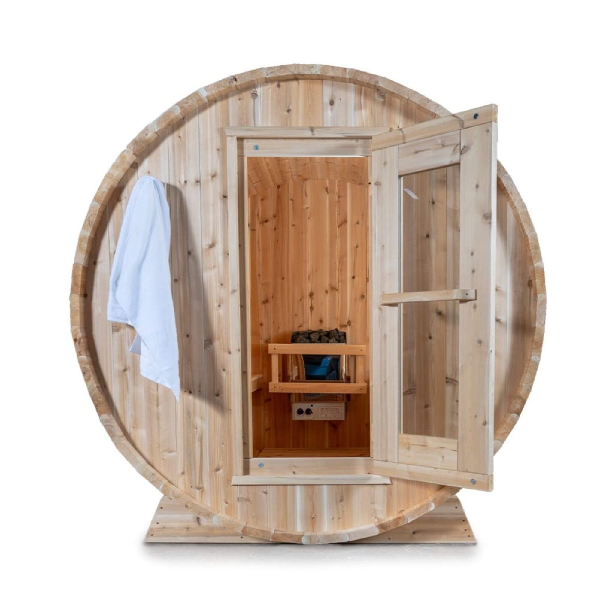 Dundalk Leisurecraft 84-Inch 4-Person Canadian Timber Harmony Barrel Sauna With Solid Wood Benches [CTC22W] (SAK96842)