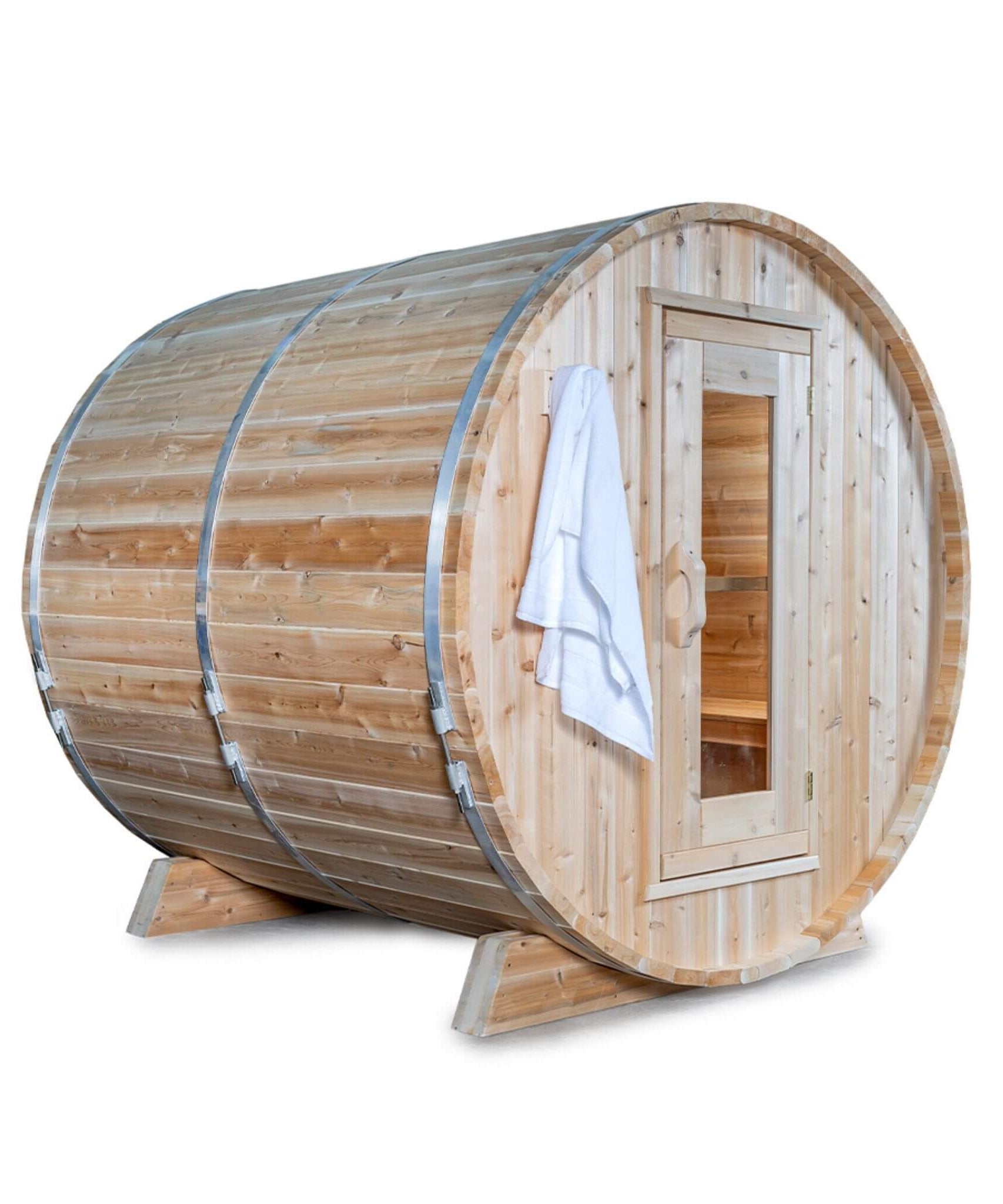 Dundalk Leisurecraft 84-Inch 4-Person Canadian Timber Harmony Barrel Sauna With Solid Wood Benches [CTC22W] (SAK96842)