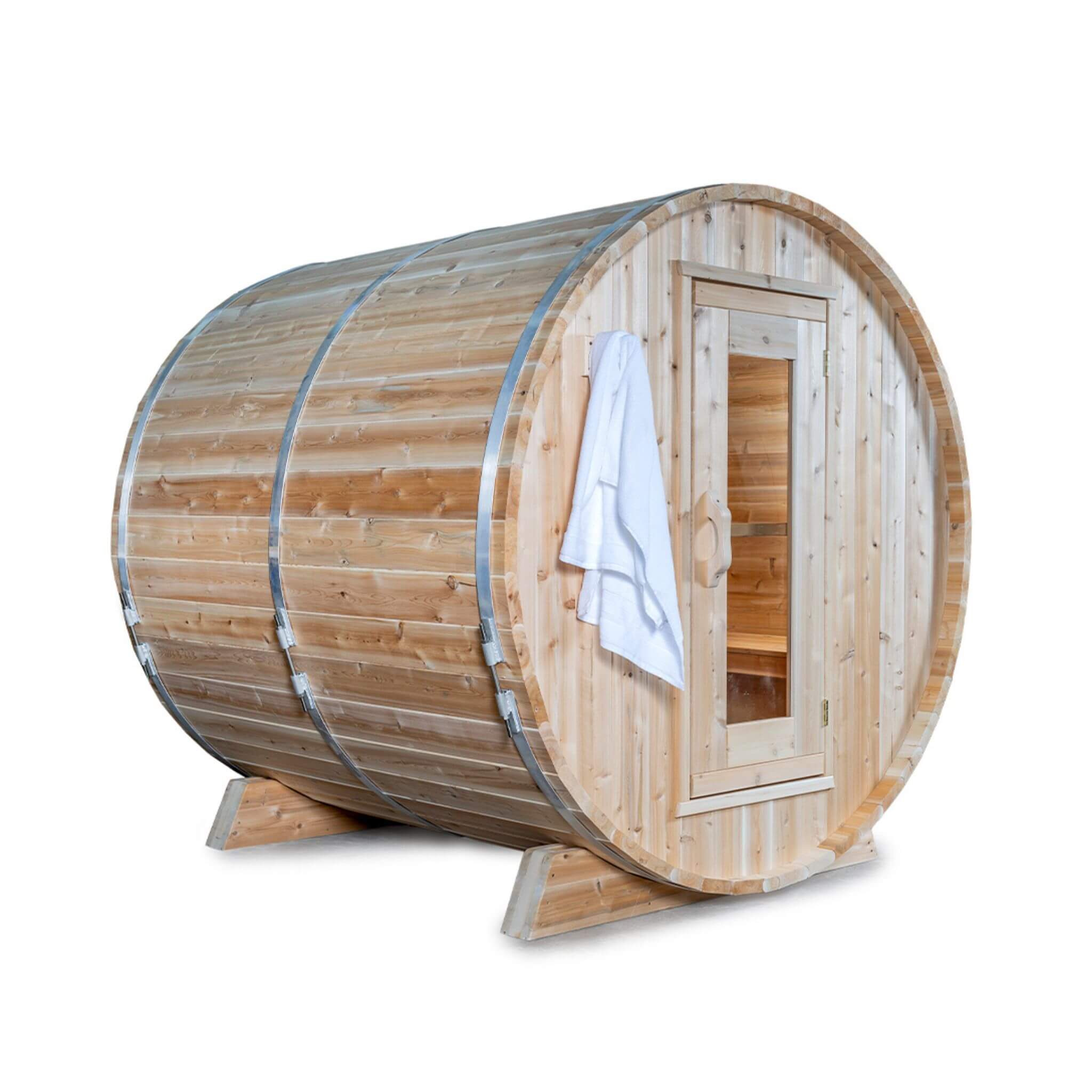 Dundalk Leisurecraft 84-Inch 4-Person Canadian Timber Harmony Barrel Sauna With Solid Wood Benches [CTC22W] (SAK96842)