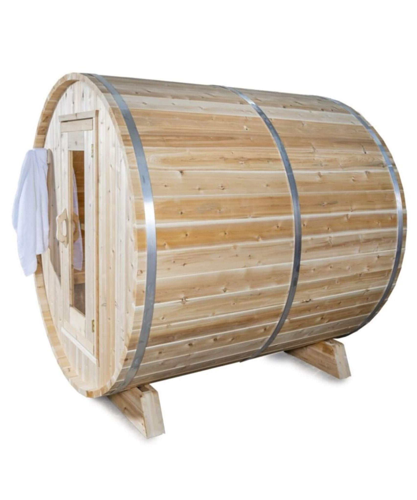 Dundalk Leisurecraft 84-Inch 4-Person Canadian Timber Harmony Barrel Sauna With Solid Wood Benches [CTC22W] (SAK96842)