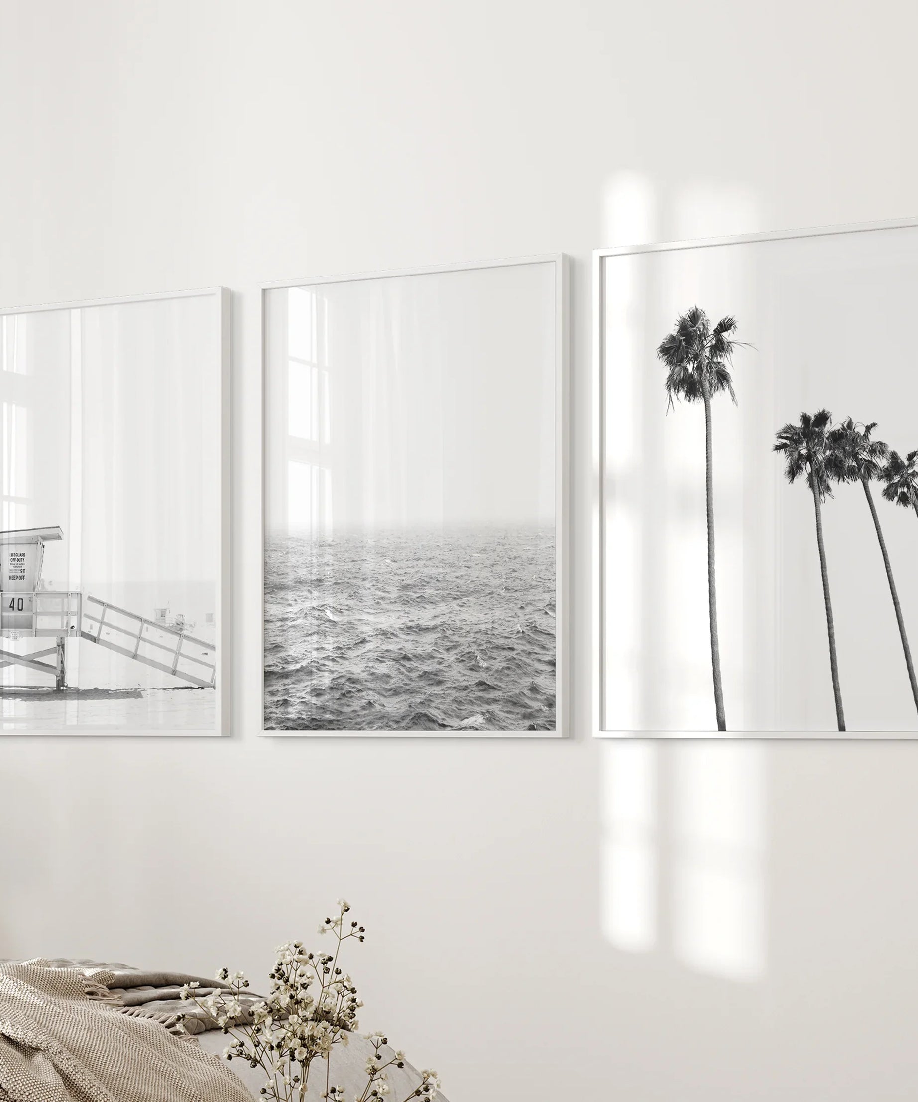 Black White Coastal Wall Art Set: Palms, Ocean, Lifeguard