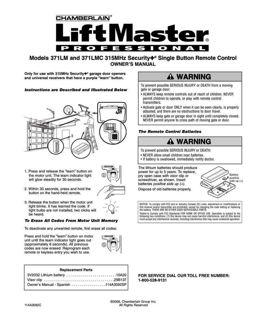 LiftMaster 371LM / 371LMC 1-Button Visor 315 MHz Garage Door Opener Remote Control