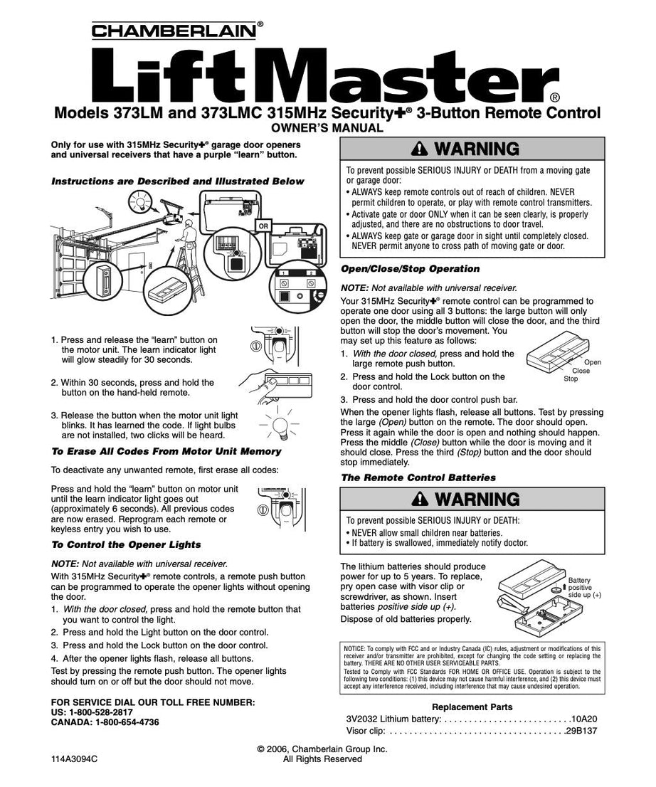 Substitute for LiftMaster 373LM / 373LMC 3-Button Vizon 315 MHz Garage Door Opener Remote Control [373LM]