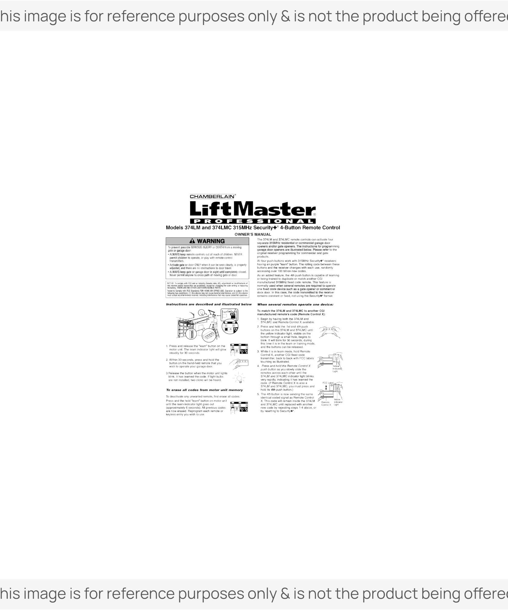 Substitute for LiftMaster 374LM / 374LMC 4-Button Visor 315 MHz Garage Door Opener Remote Control [375UT-3button]
