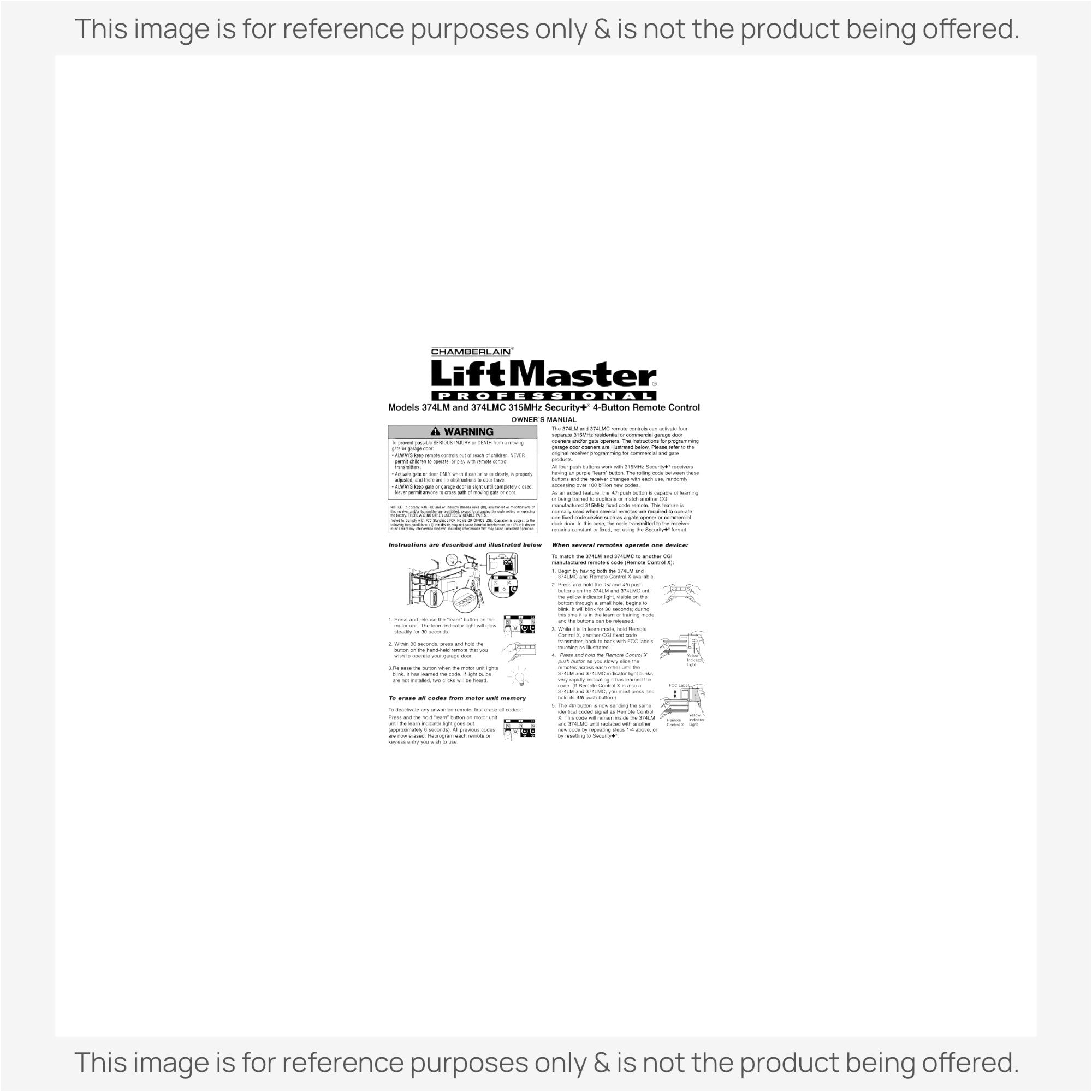Substitute for LiftMaster 374LM / 374LMC 4-Button Visor 315 MHz Garage Door Opener Remote Control [375UT-3button]