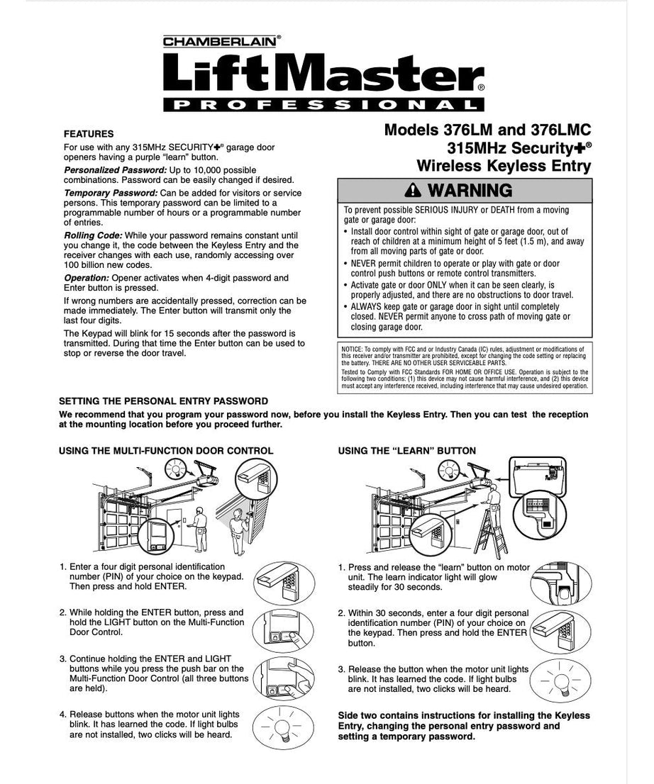 Substitute for LiftMaster 376LM / 376LMC Wireless Keyless Entry 315MHz Garage Door Opener Remote Control [877MAX]