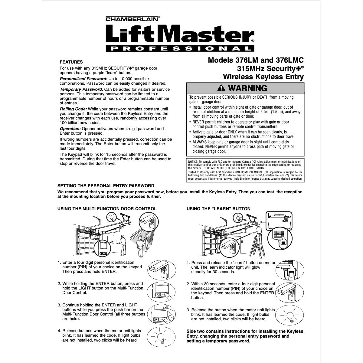 Substitute for LiftMaster 376LM / 376LMC Wireless Keyless Entry 315MHz Garage Door Opener Remote Control [877MAX]