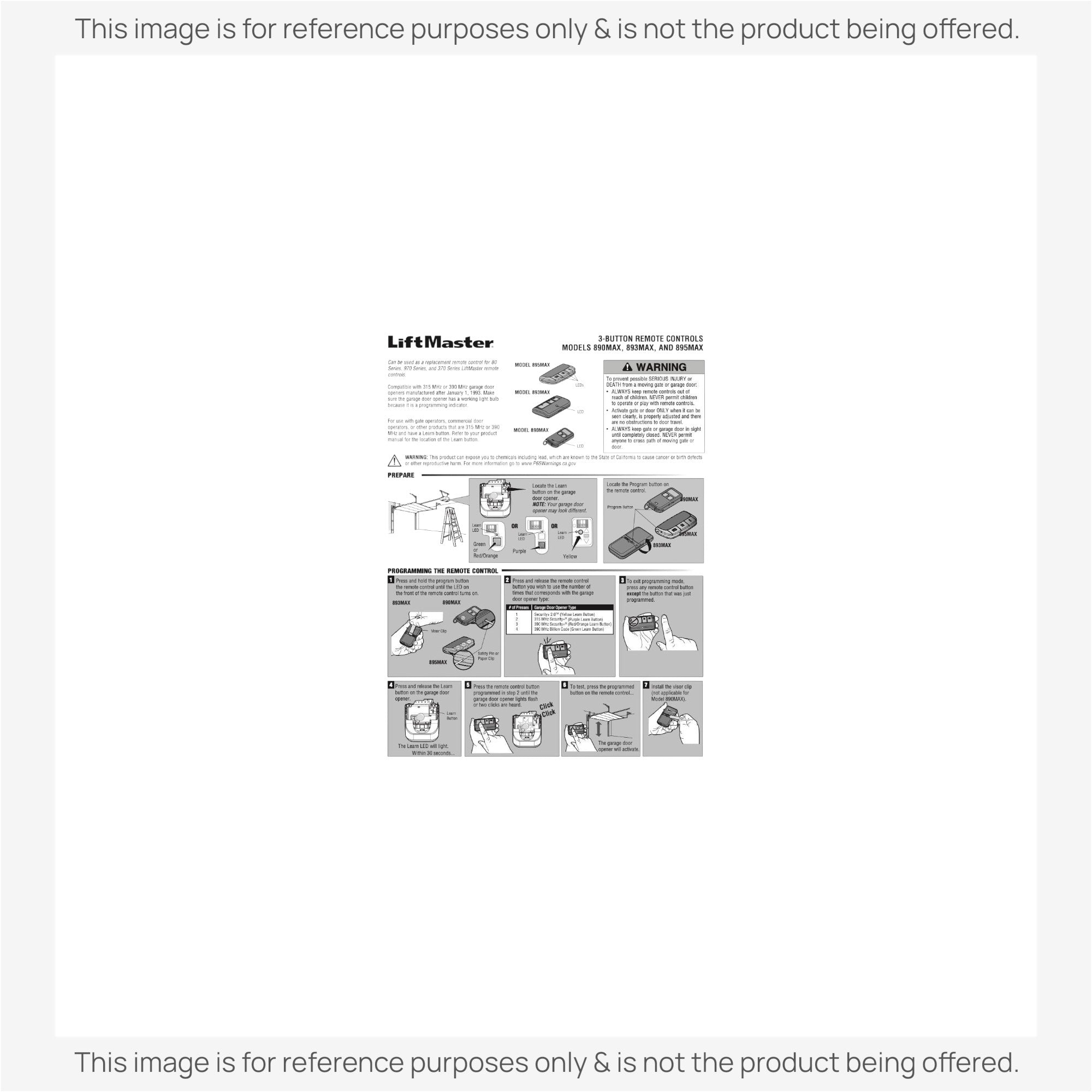 Substitute for LiftMaster 895MAX 3-Button Visor 315 MHz Garage Door Opener Remote Control [375UT-3button]