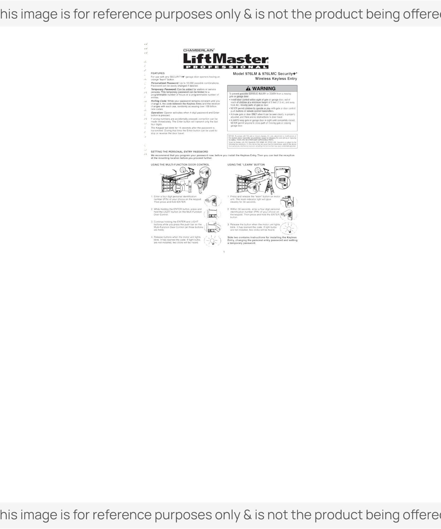 Substitute for LiftMaster 976LM / 96LM / 976LMC Wireless Keyless Entry 390 Mhz Garage Door Opener Remote Control [GUK-R]