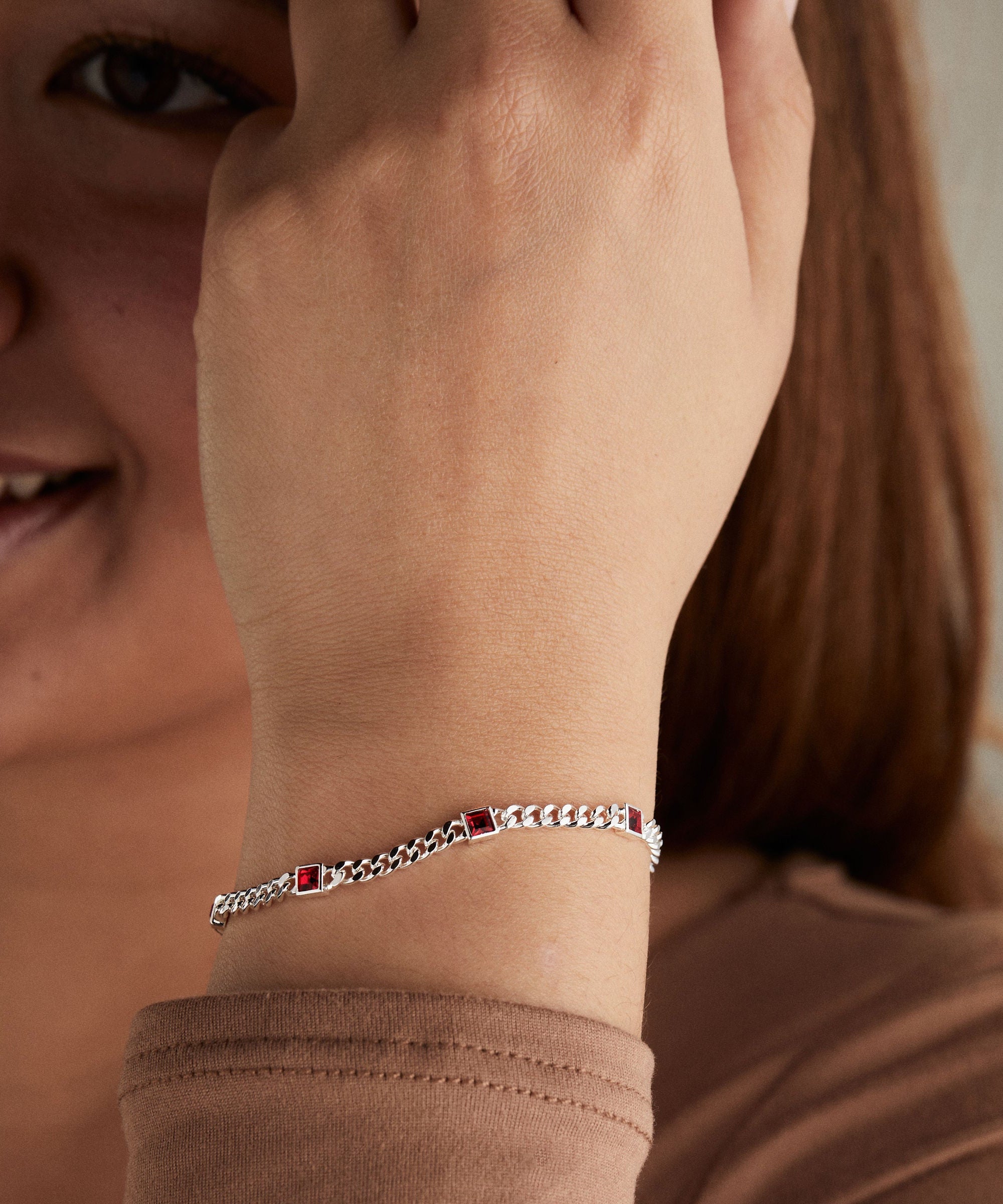 July Birthstone Ruby Curb Chain Bracelet