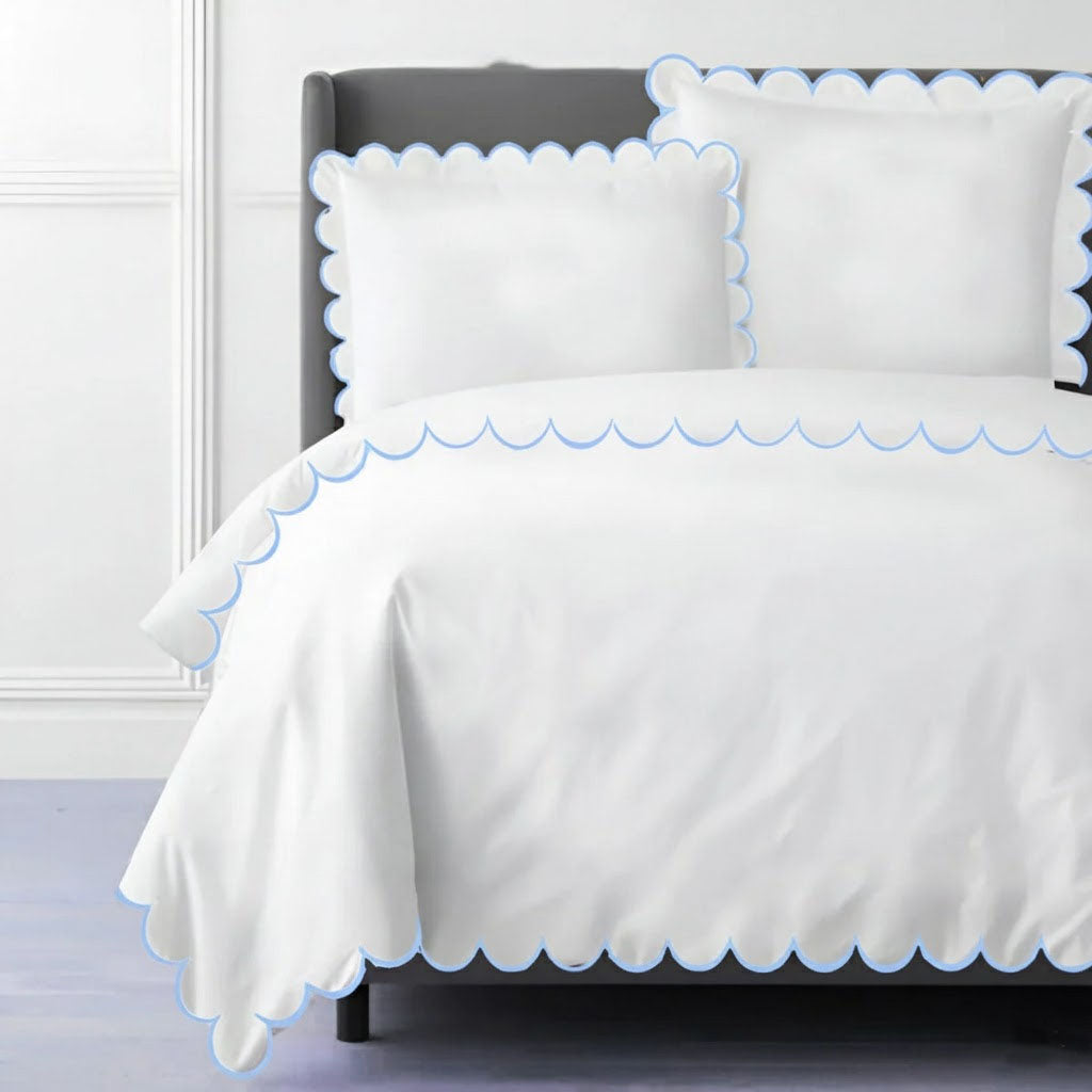 Allena 400TC Cotton Scallop Embroidery Sateen Solid Duvet Cover Set