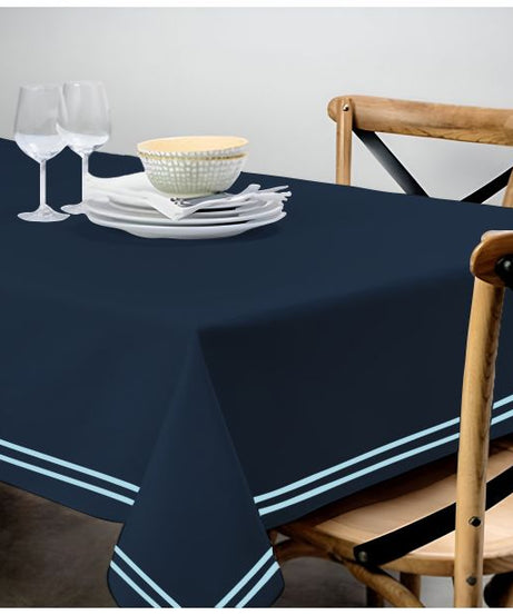 Double Embroidery Border Sateen Cotton Solid Table Cloth - Navy