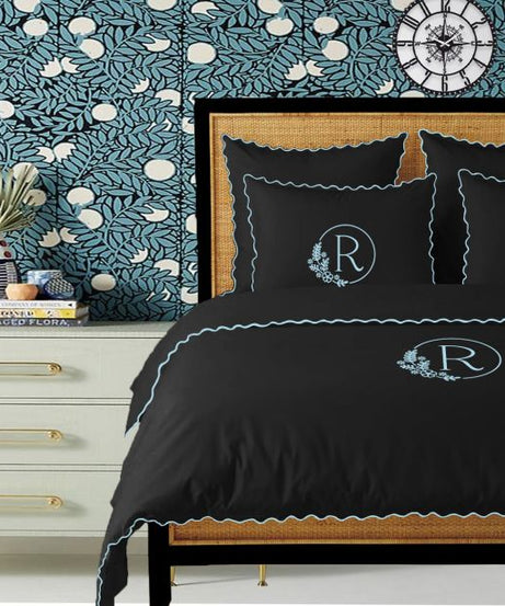 Monogram Black 400TC Cotton Small Scallop Embroidery Duvet Cover Set