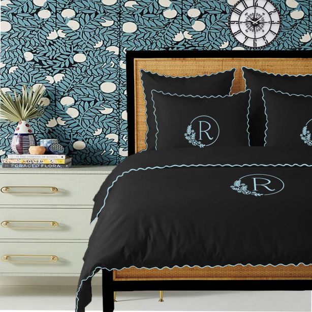 Monogram Black 400TC Cotton Small Scallop Embroidery Duvet Cover Set