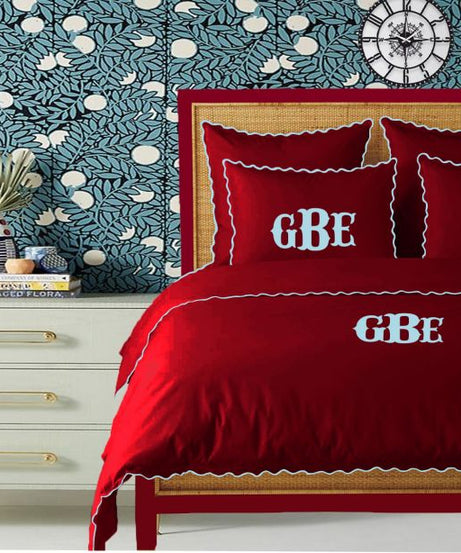 Monogram Burgundy 400TC Cotton Small Scallop Embroidery Duvet Cover Set