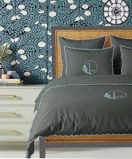 Monogram Dark Grey 400TC Cotton Small Scallop Embroidery Duvet Cover Set