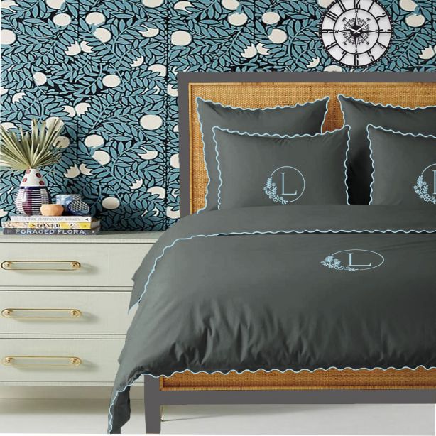 Monogram Dark Grey 400TC Cotton Small Scallop Embroidery Duvet Cover Set