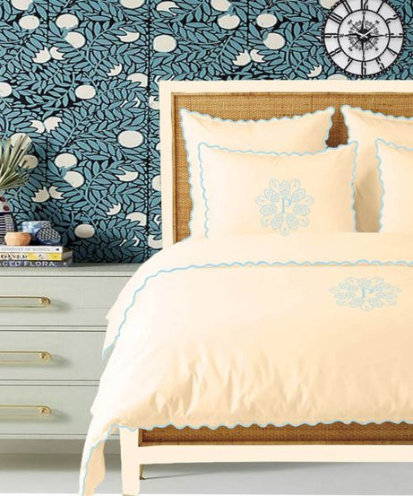 Monogram Ivory 400TC Cotton Small Scallop Embroidery Duvet Cover Set