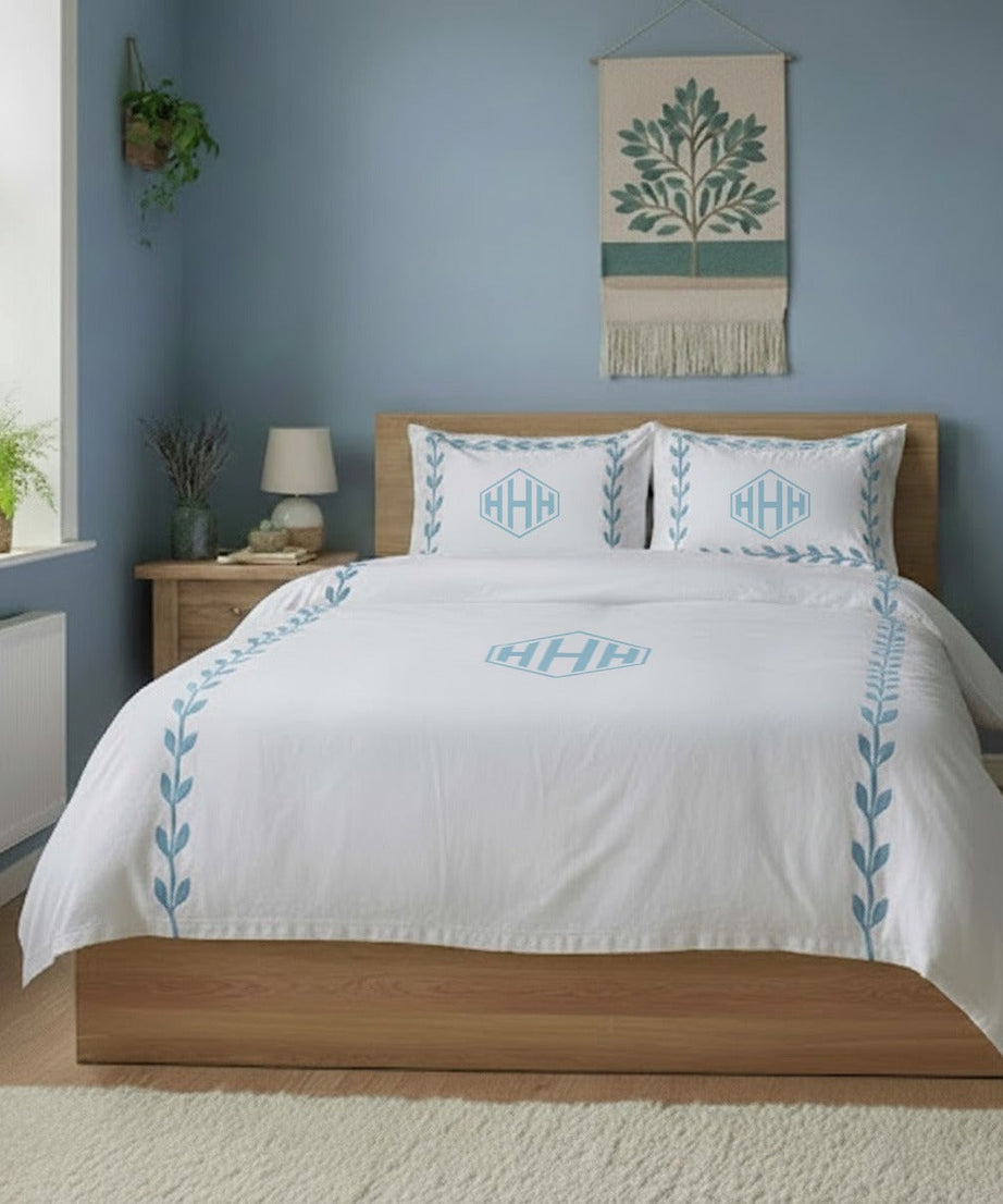 Monogram Layered Leaf Applique Cotton Duvet Cover Set