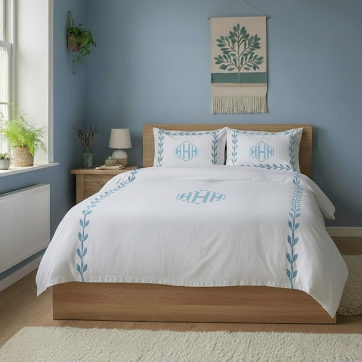 Monogram Layered Leaf Applique Cotton Duvet Cover Set