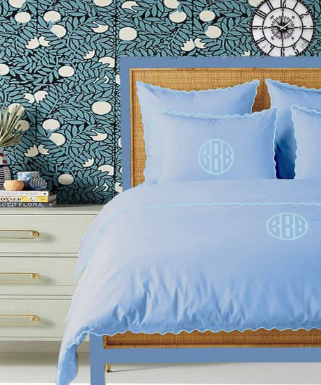 Monogram Light Blue 400TC Cotton Small Scallop Embroidery Duvet Cover Set
