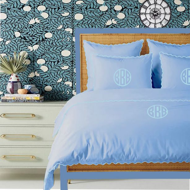 Monogram Light Blue 400TC Cotton Small Scallop Embroidery Duvet Cover Set
