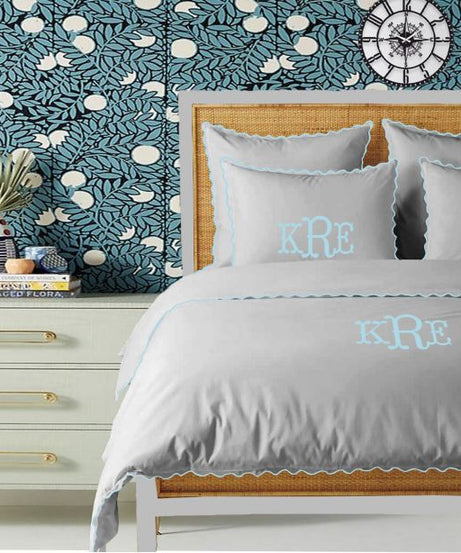 Monogram Light Grey 400TC Cotton Small Scallop Embroidery Duvet Cover Set