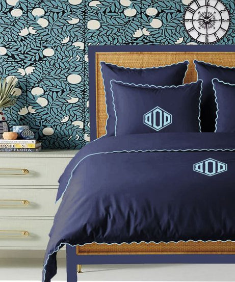 Monogram Navy 400TC Cotton Small Scallop Embroidery Duvet Cover Set