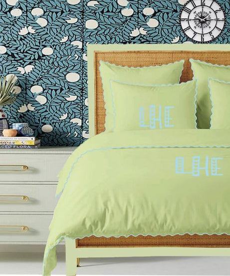 Monogram Sage 400TC Cotton Small Scallop Embroidery Duvet Cover Set