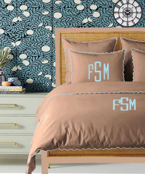 Monogram Taupe 400TC Cotton Small Scallop Embroidery Duvet Cover Set