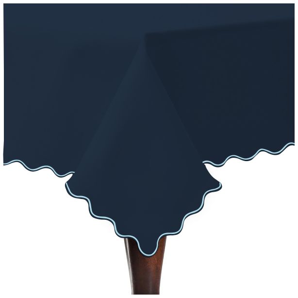 Scallop Embroidery Sateen Cotton Solid Table Cloth - Navy