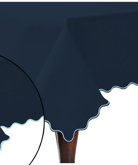 Scallop Embroidery Sateen Cotton Solid Table Cloth - Navy