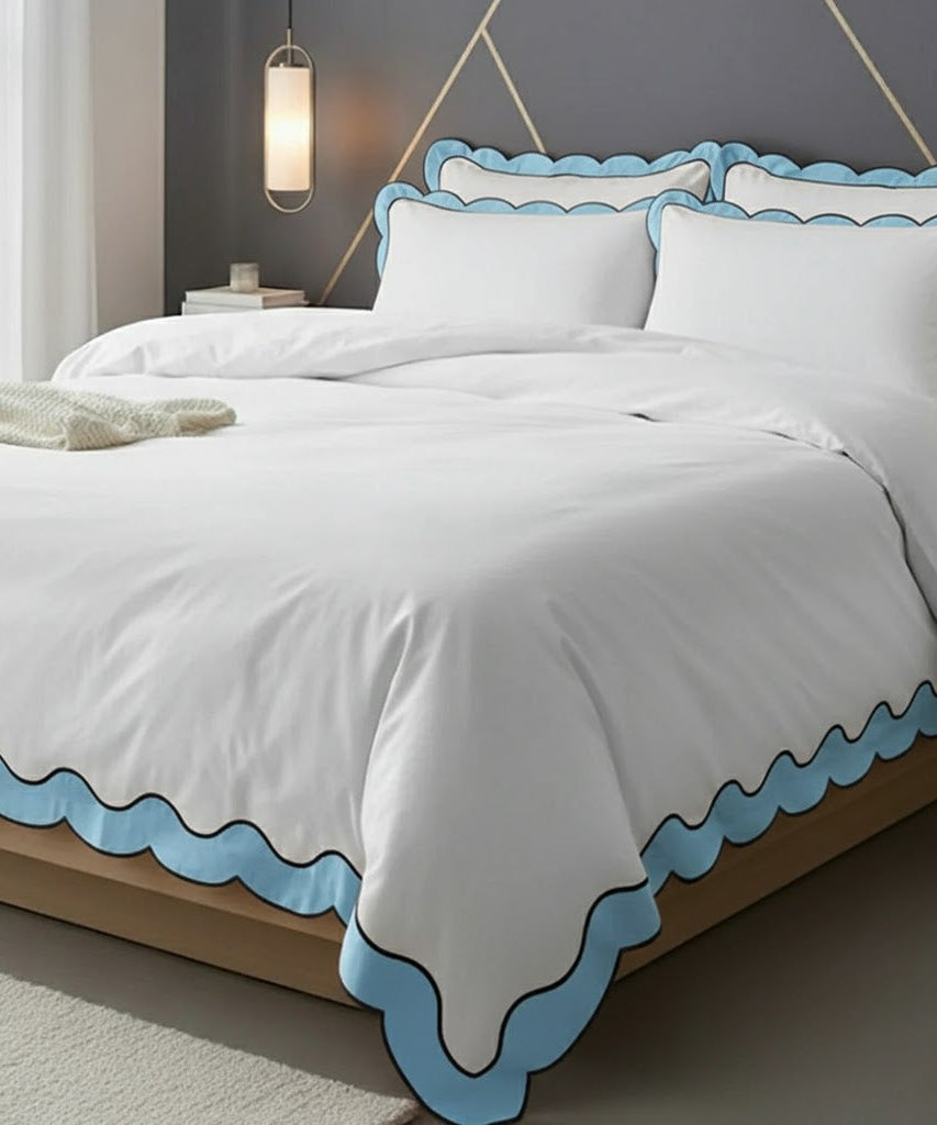 Scalloped & Wavy Applique Embroidery Cotton Duvet Cover Set