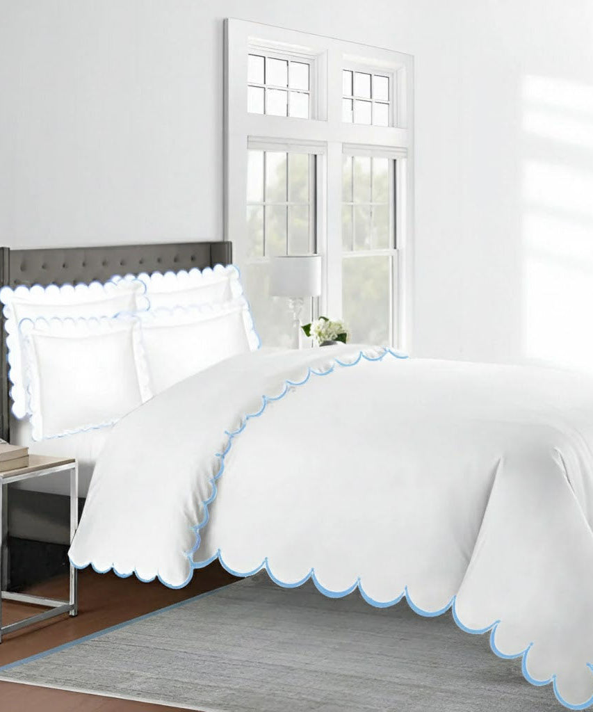 Allena 400TC Cotton Scallop Embroidery Sateen Solid Duvet Cover Set
