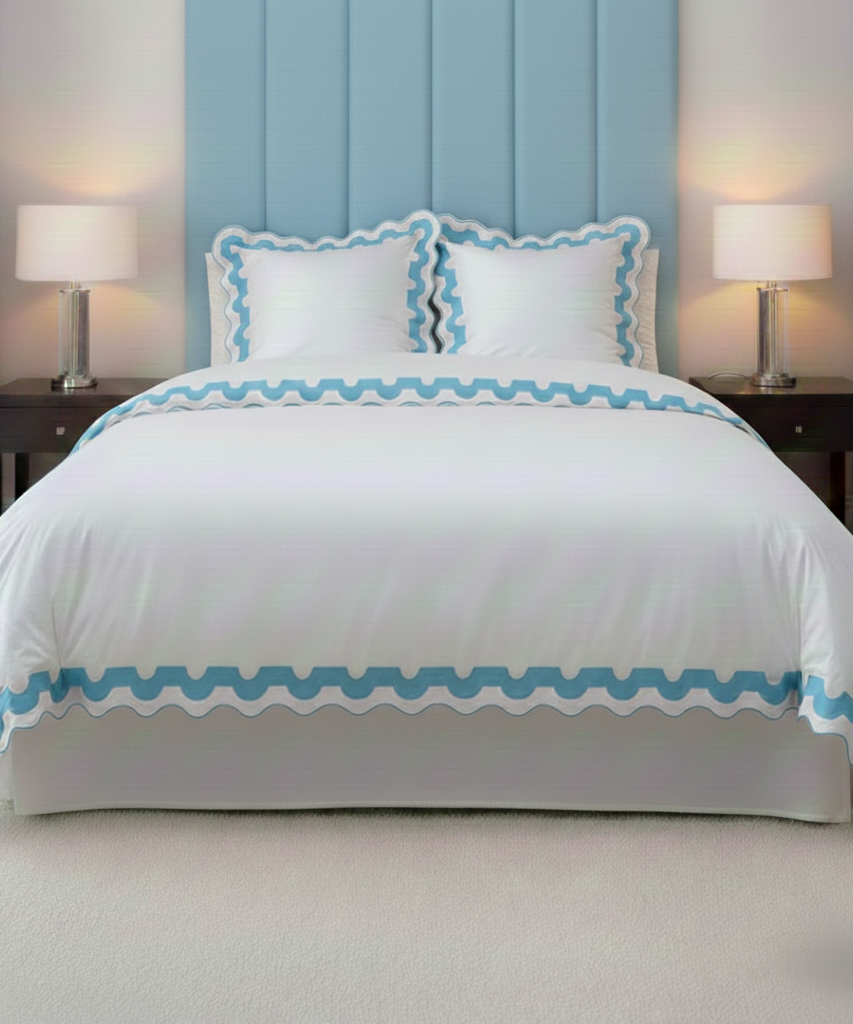 400TC U Shape Applique Scalloped Embroidery Cotton Duvet Cover Set